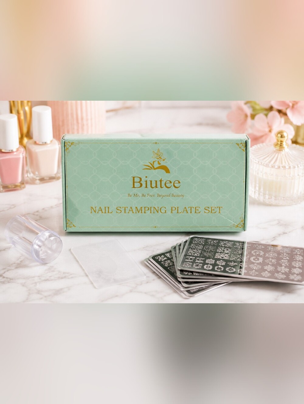 Biutee Nail Stamping Plate Set 5pc Nail Art Kit Stamper Scraper DIY Manicure